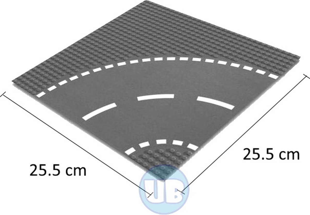 Uniblocks City wegenplaat bocht - 25,5 x 25,5 cm | Bouwplaat 32x32 noppen |wegen | stad | city | combineer met Lego bouwplaten | Geschikt voor LEGO bouwplaten bouwplaat wegplaat